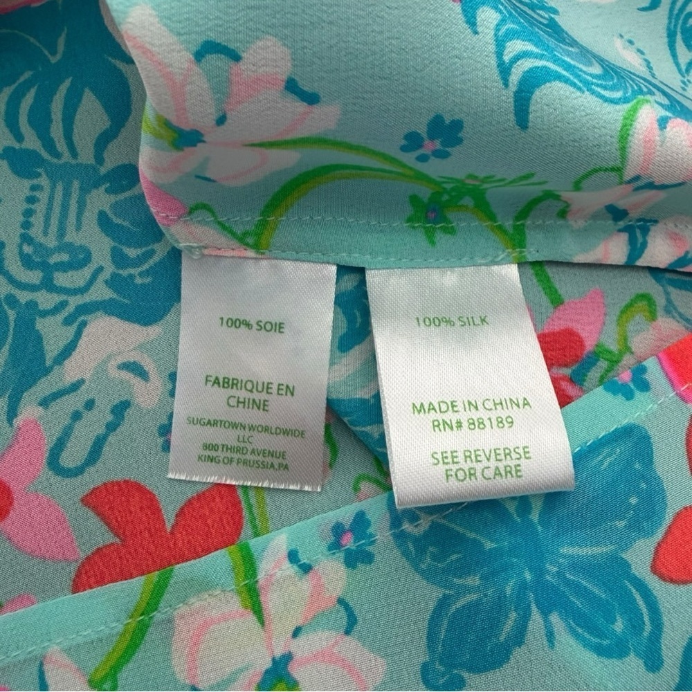 Lilly Pulitzer Elsa Silk Top Surf Blue Luscious Lions Floral Blouse XS - Picture 7 of 11